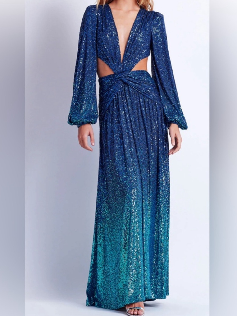 PatBO Blue Sequin Open Back Cutout Maxi Dress Gown